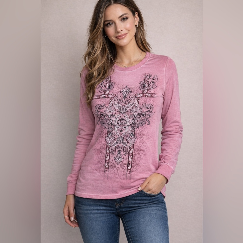 Mic & Jax pink ombré Long-Sleeve Tee with Black & White Scroll Graphic